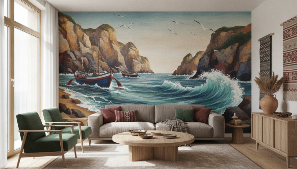 découvrez comment intégrer l'art mural illustré inspiré de la côte basque dans votre salon pour une décoration unique et authentique.